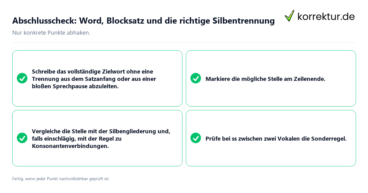 Konkreter Abschlusscheck zu Word, Blocksatz und die richtige Silbentrennung