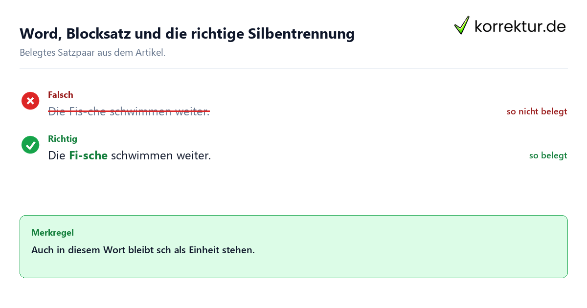 Falsches und richtiges Satzbeispiel zu Word, Blocksatz und die richtige Silbentrennung