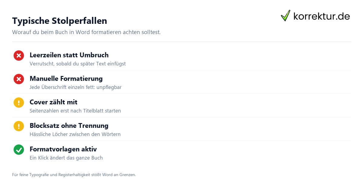 Typische Stolperfallen Buch in Word formatieren: typische Fehler und Grenzen
