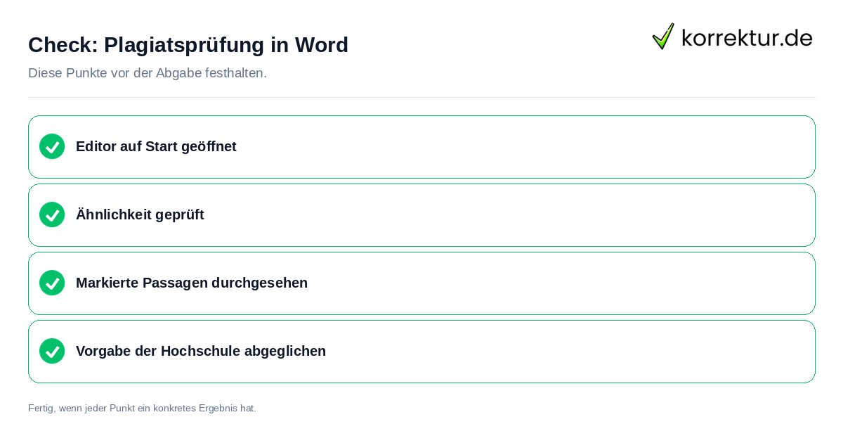 Plagiatsprüfung in Word: Prüfliste mit vier Punkten