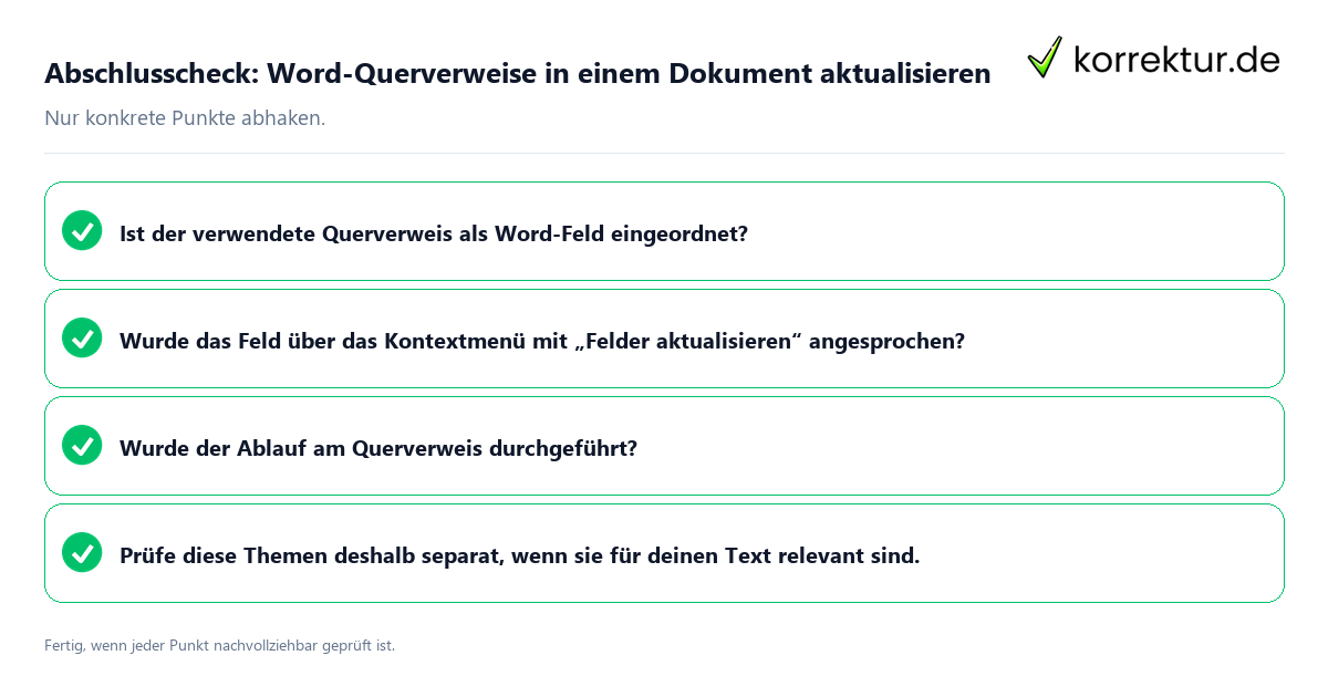Abschlusscheck: Word-Querverweise in einem Dokument aktualisieren Konkreter Abschlusscheck zu Word-Querverweise in einem Dokument aktualisieren