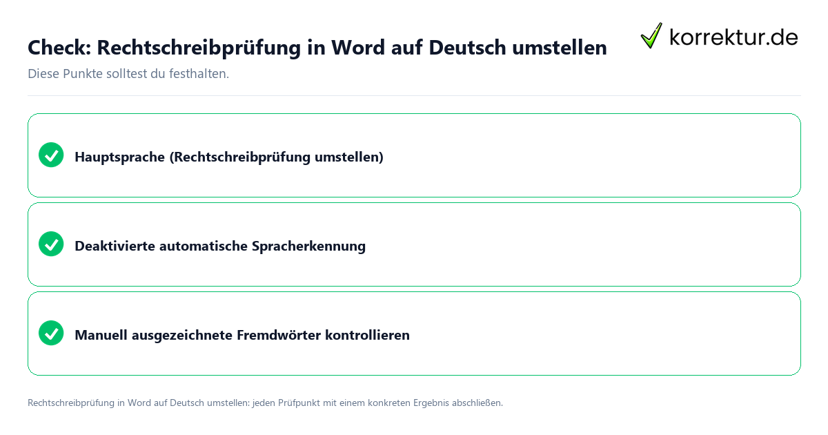 Rechtschreibprüfung in Word auf Deutsch umstellen mit einer themenspezifischen Checkliste