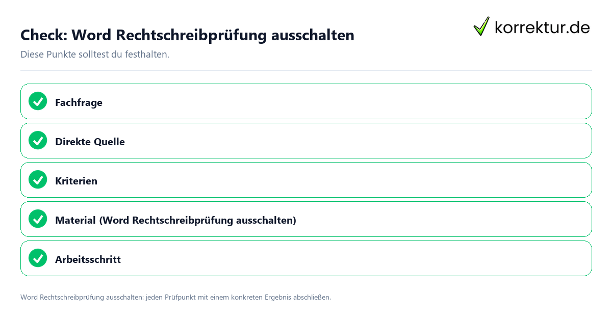 Word Rechtschreibprüfung ausschalten mit einer themenspezifischen Checkliste