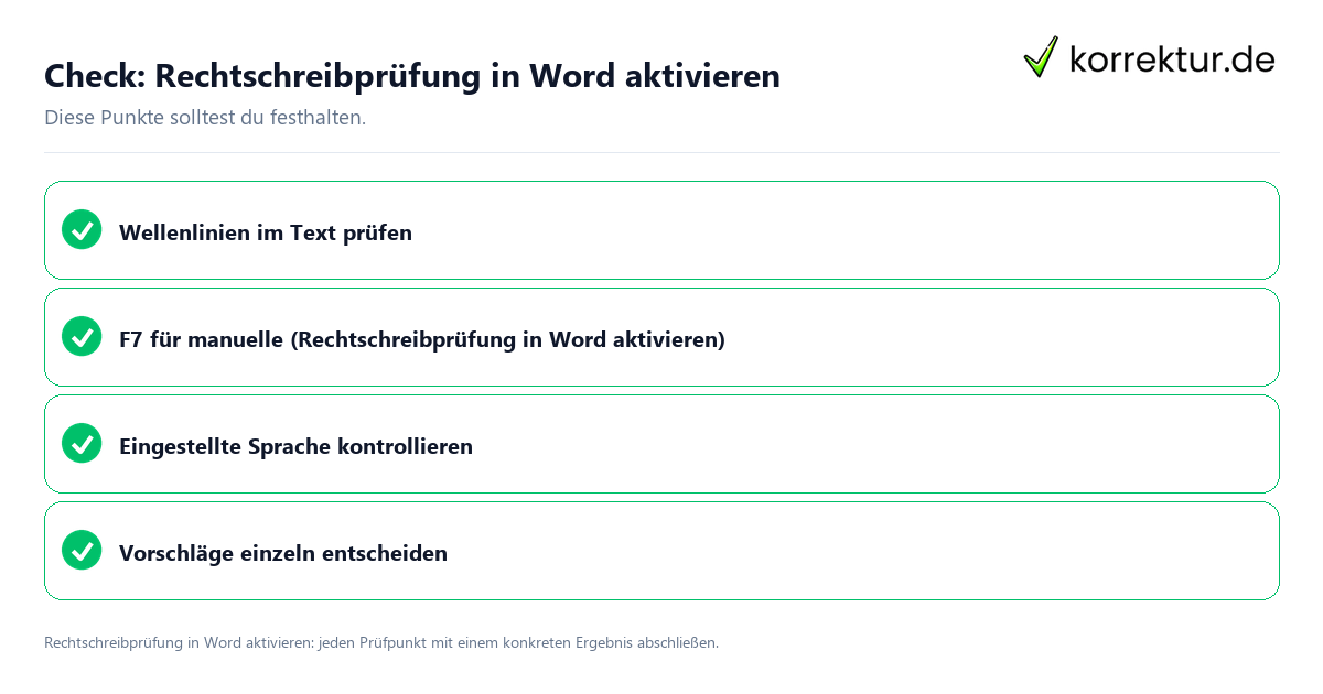 Rechtschreibprüfung in Word aktivieren mit einer themenspezifischen Checkliste