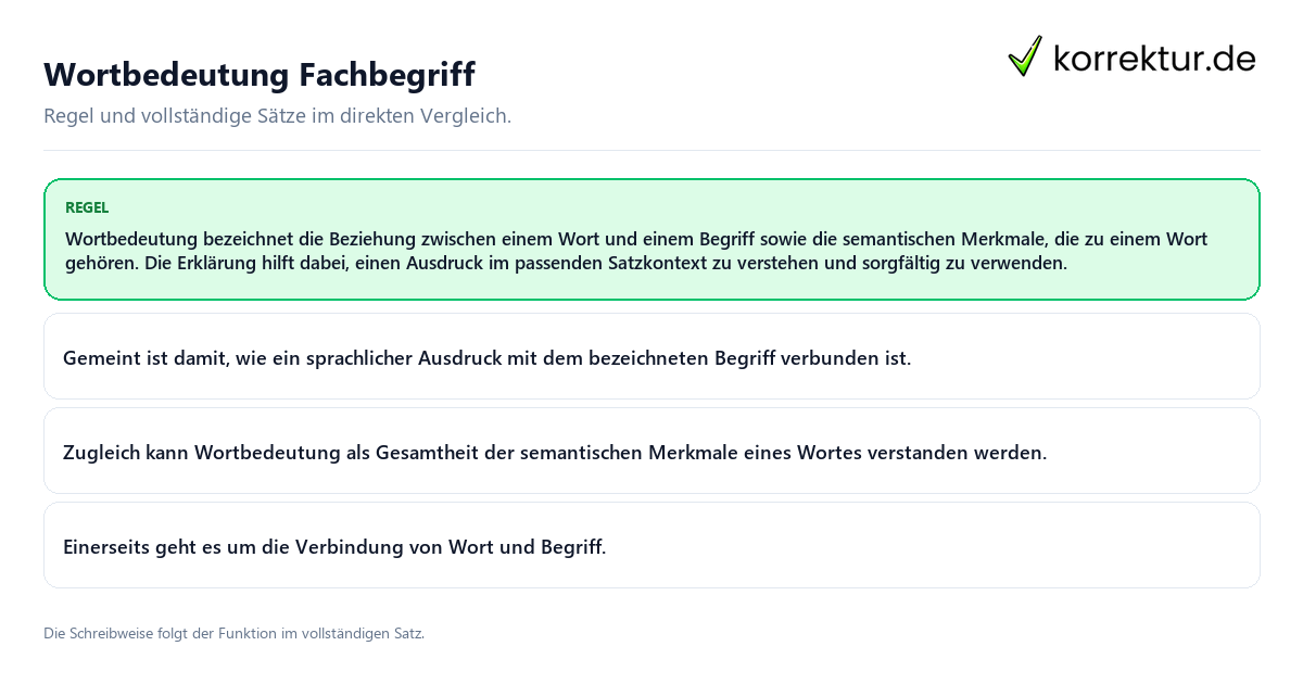 Konkrete Regel und vollständige Beispielsätze zu Wortbedeutung Fachbegriff