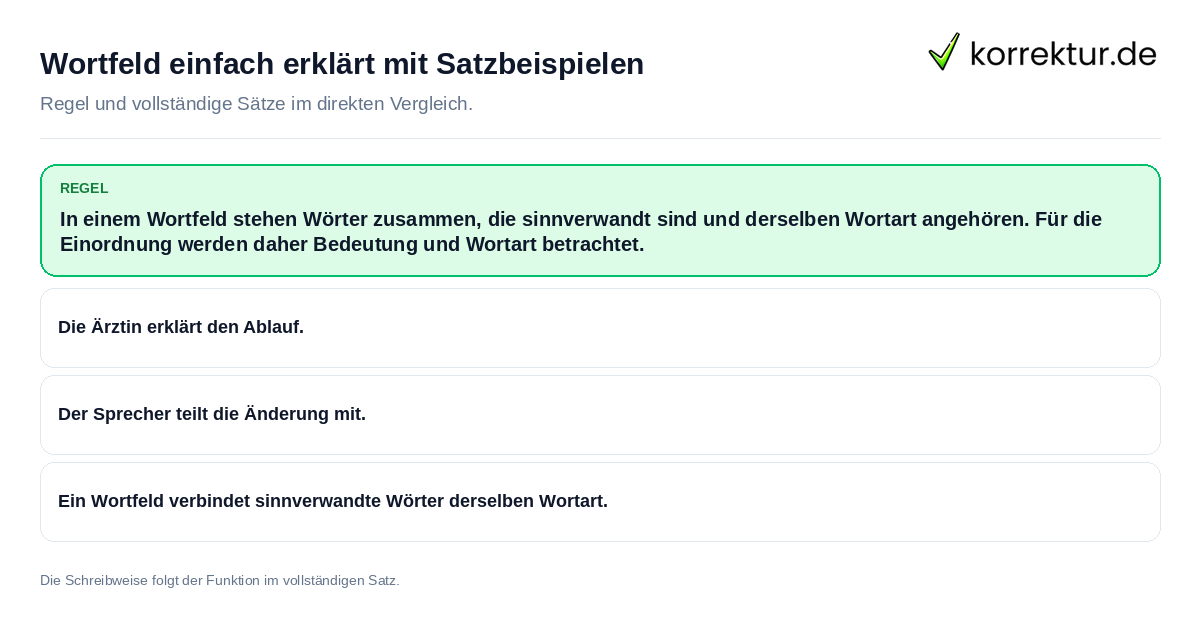Wortfeld einfach erklärt mit Satzbeispielen Konkrete Regel und vollständige Beispielsätze zu Wortfeld einfach erklärt mit Satzbeispielen