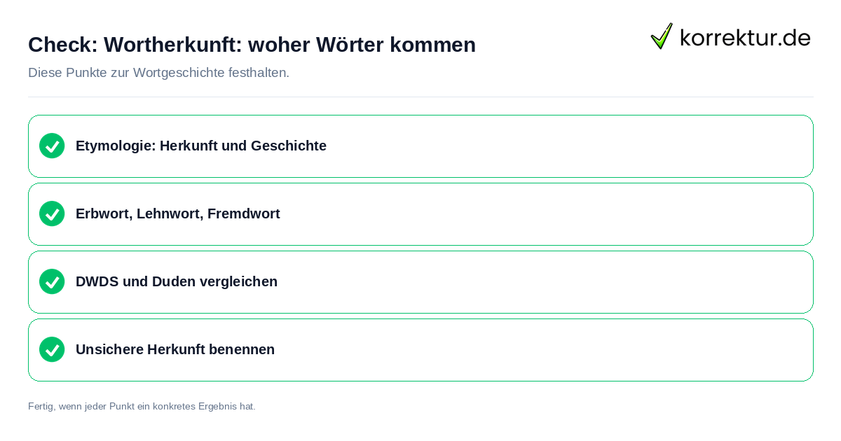 Check: Wortherkunft: woher Wörter kommen Wortherkunft: woher Wörter kommen: Prüfliste mit vier Punkten