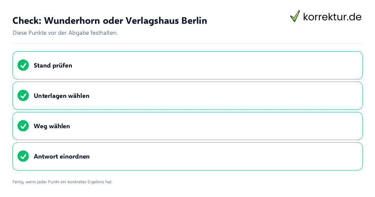 Check: Wunderhorn oder Verlagshaus Berlin Wunderhorn oder Verlagshaus Berlin: Prüfliste mit vier Punkten