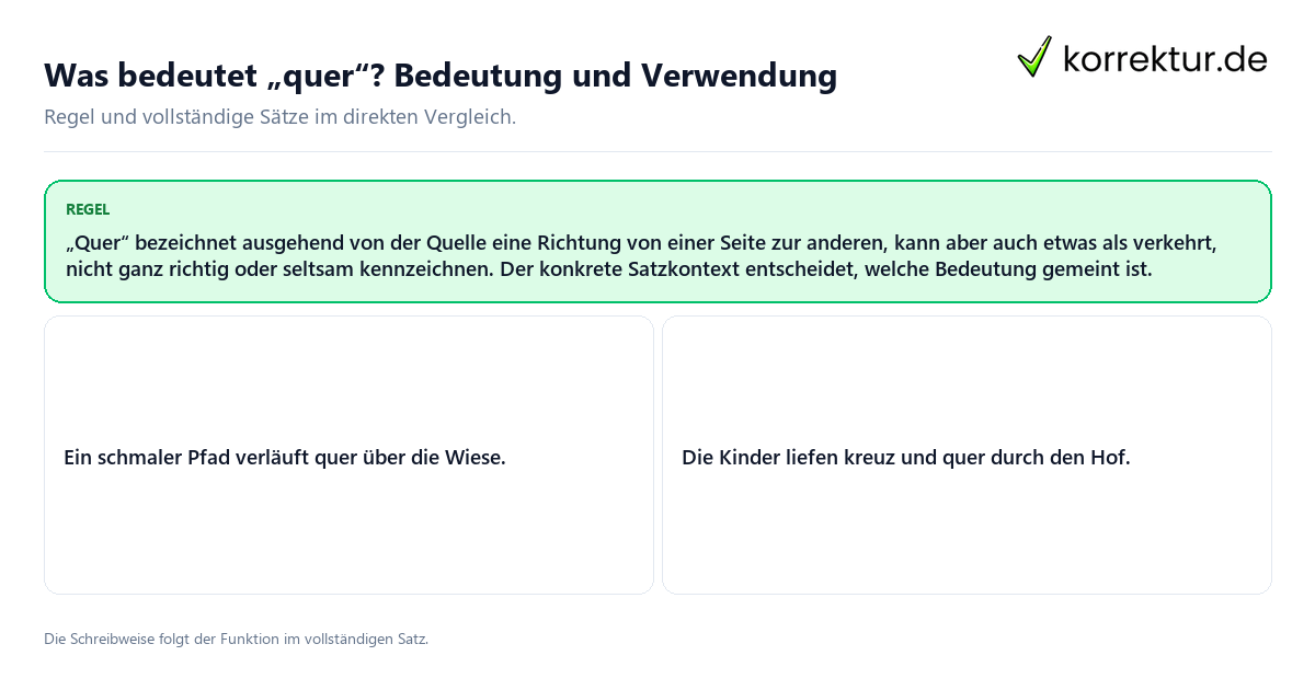 Konkrete Regel und vollständige Beispielsätze zu Was bedeutet „quer“? Bedeutung und Verwendung