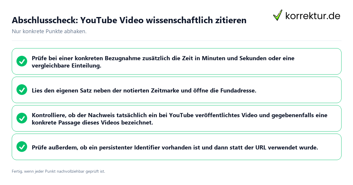 Konkreter Abschlusscheck zu YouTube Video wissenschaftlich zitieren