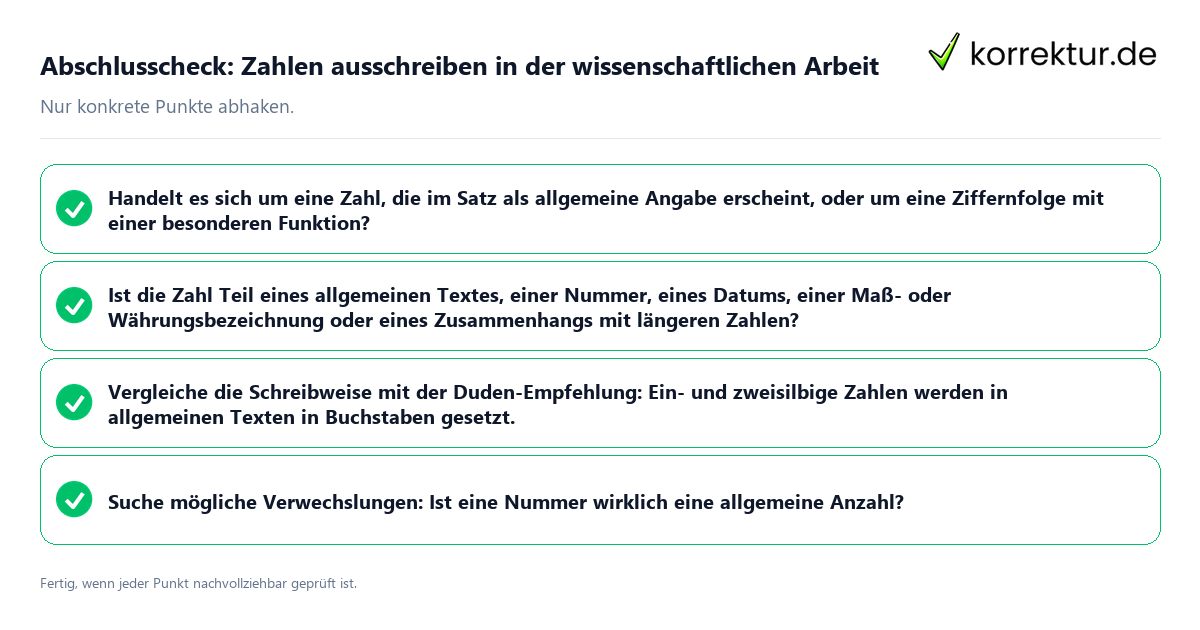 Konkreter Abschlusscheck zu Zahlen ausschreiben in der wissenschaftlichen Arbeit