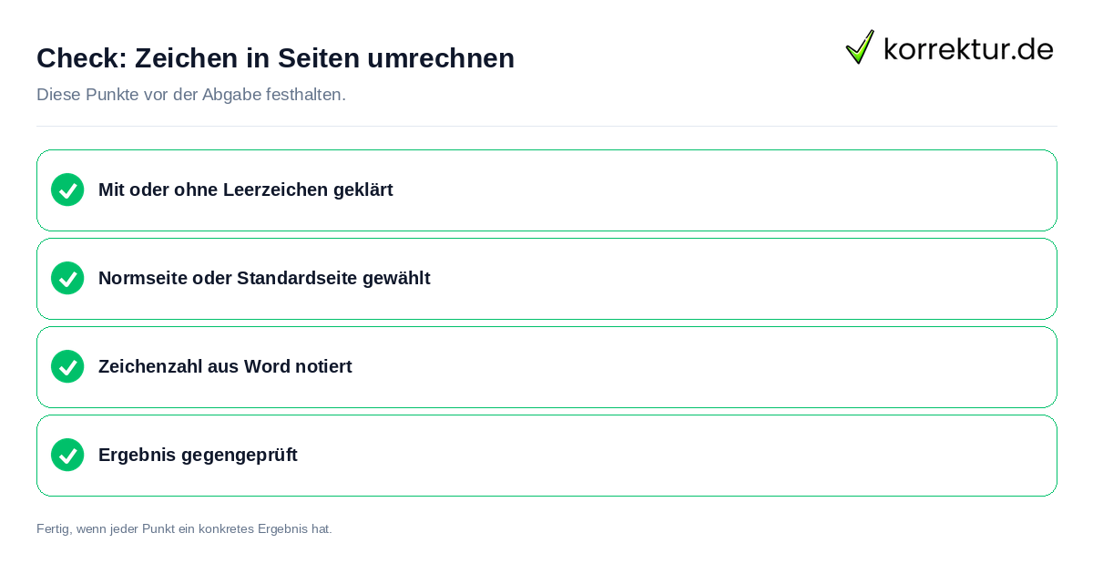 Check: Zeichen in Seiten umrechnen Zeichen in Seiten umrechnen: Prüfliste mit vier Punkten