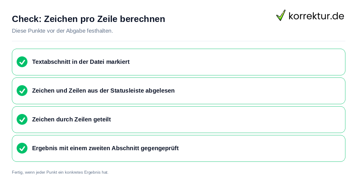Check: Zeichen pro Zeile berechnen Zeichen pro Zeile berechnen: Prüfliste mit vier Punkten