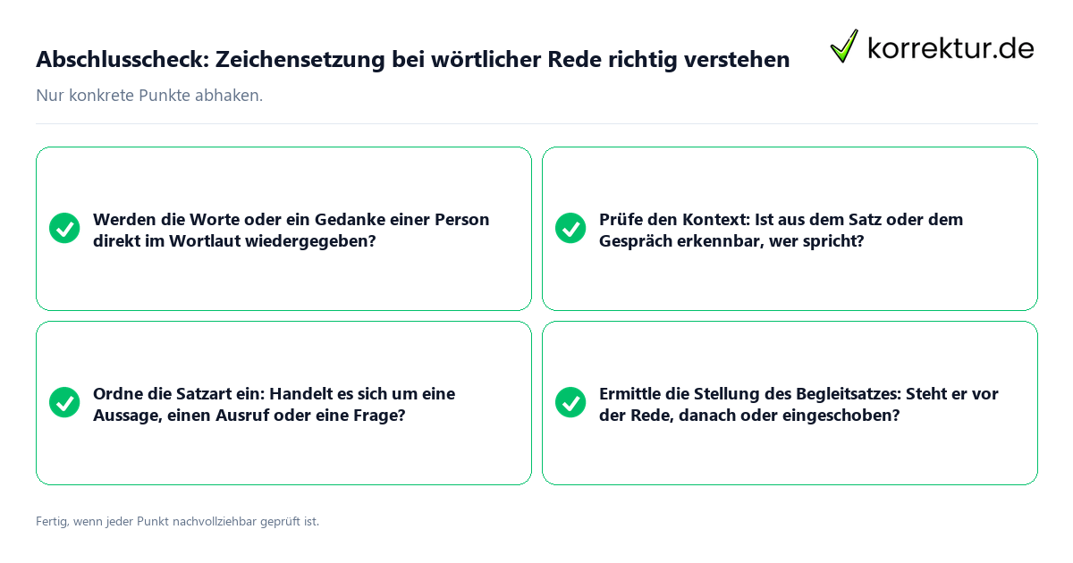 Konkreter Abschlusscheck zu Zeichensetzung bei wörtlicher Rede richtig verstehen