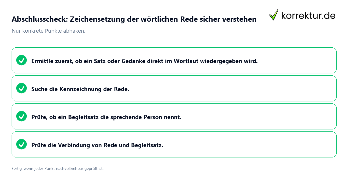 Konkreter Abschlusscheck zu Zeichensetzung der wörtlichen Rede sicher verstehen