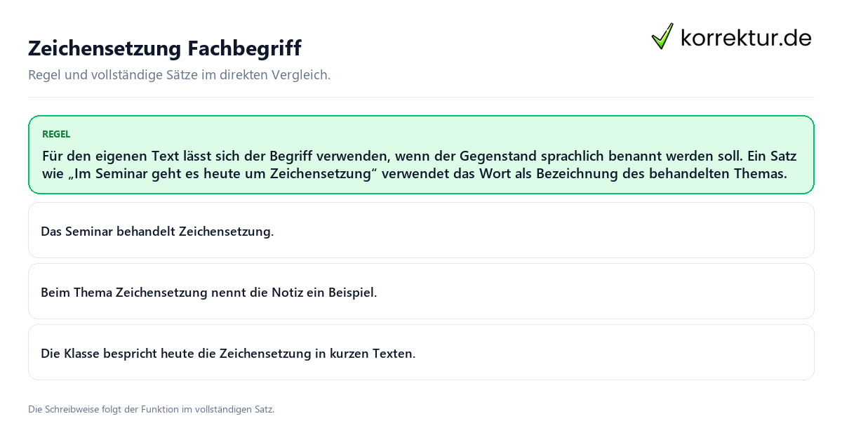 Konkrete Regel und vollständige Beispielsätze zu Zeichensetzung Fachbegriff