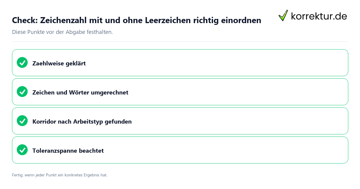 Zeichenzahl mit und ohne Leerzeichen richtig einordnen: Prüfliste mit vier Punkten