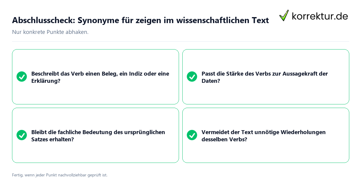 Abschlusscheck: Synonyme für zeigen im wissenschaftlichen Text Konkreter Abschlusscheck zu Synonyme für zeigen im wissenschaftlichen Text