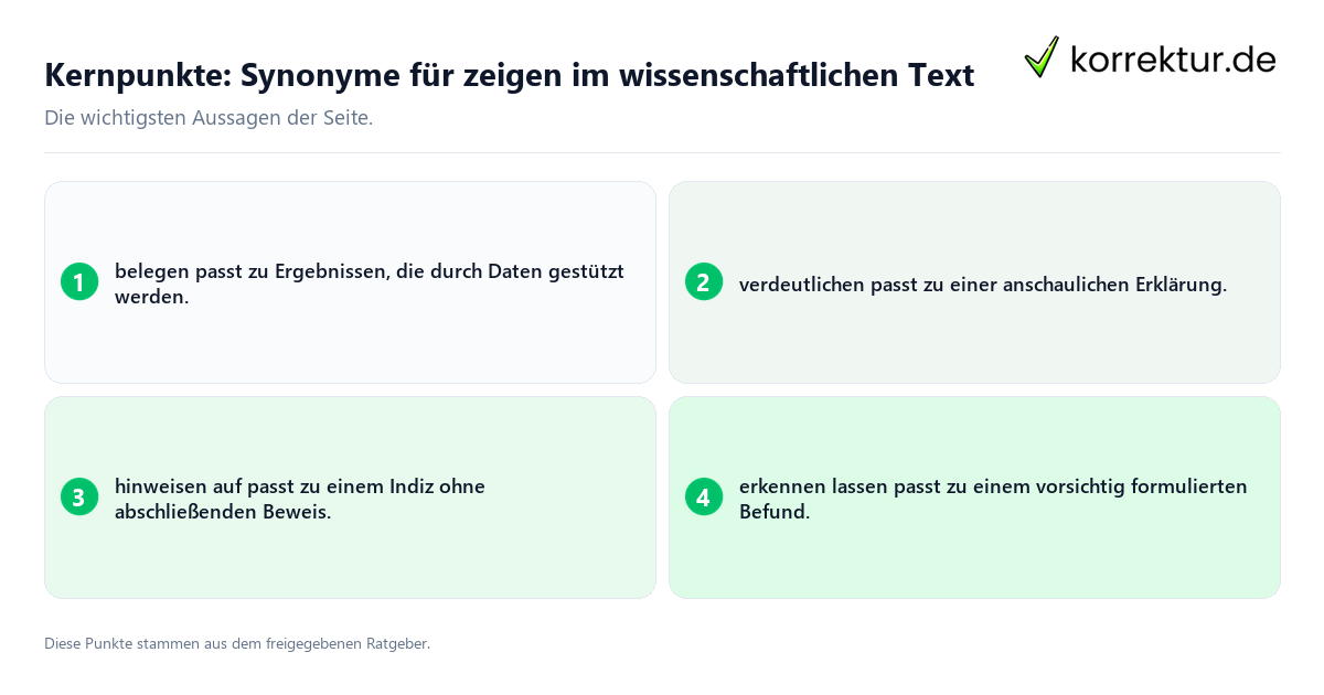 Kernpunkte: Synonyme für zeigen im wissenschaftlichen Text Konkrete Kernpunkte zu Synonyme für zeigen im wissenschaftlichen Text
