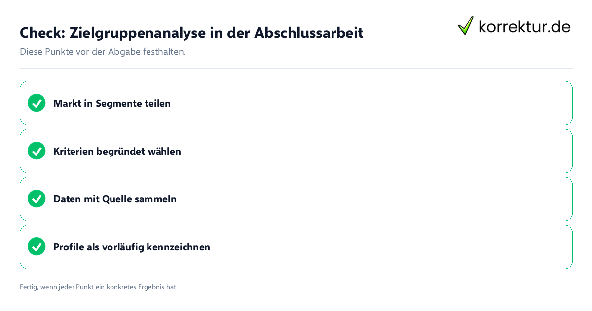 Check: Zielgruppenanalyse in der Abschlussarbeit Zielgruppenanalyse in der Abschlussarbeit: Prüfliste mit vier Punkten