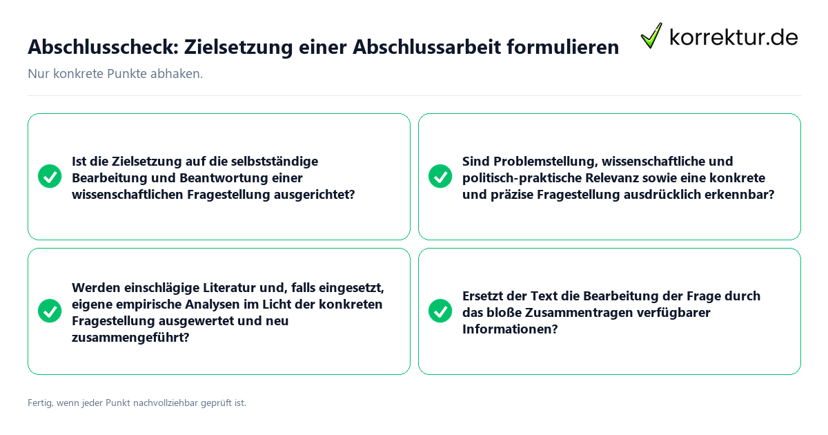 Konkreter Abschlusscheck zu Zielsetzung einer Abschlussarbeit formulieren