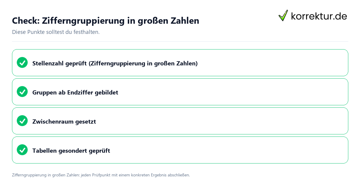 Check: Zifferngruppierung in großen Zahlen Zifferngruppierung in großen Zahlen mit einer themenspezifischen Checkliste