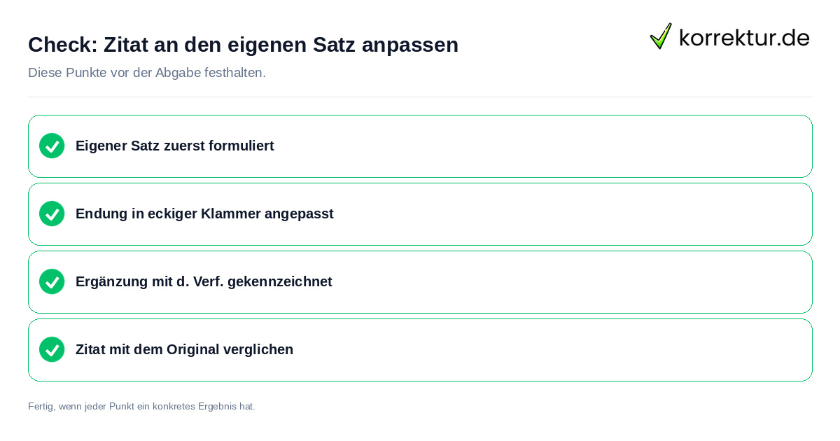 Zitat an den eigenen Satz anpassen: Prüfliste mit vier Punkten
