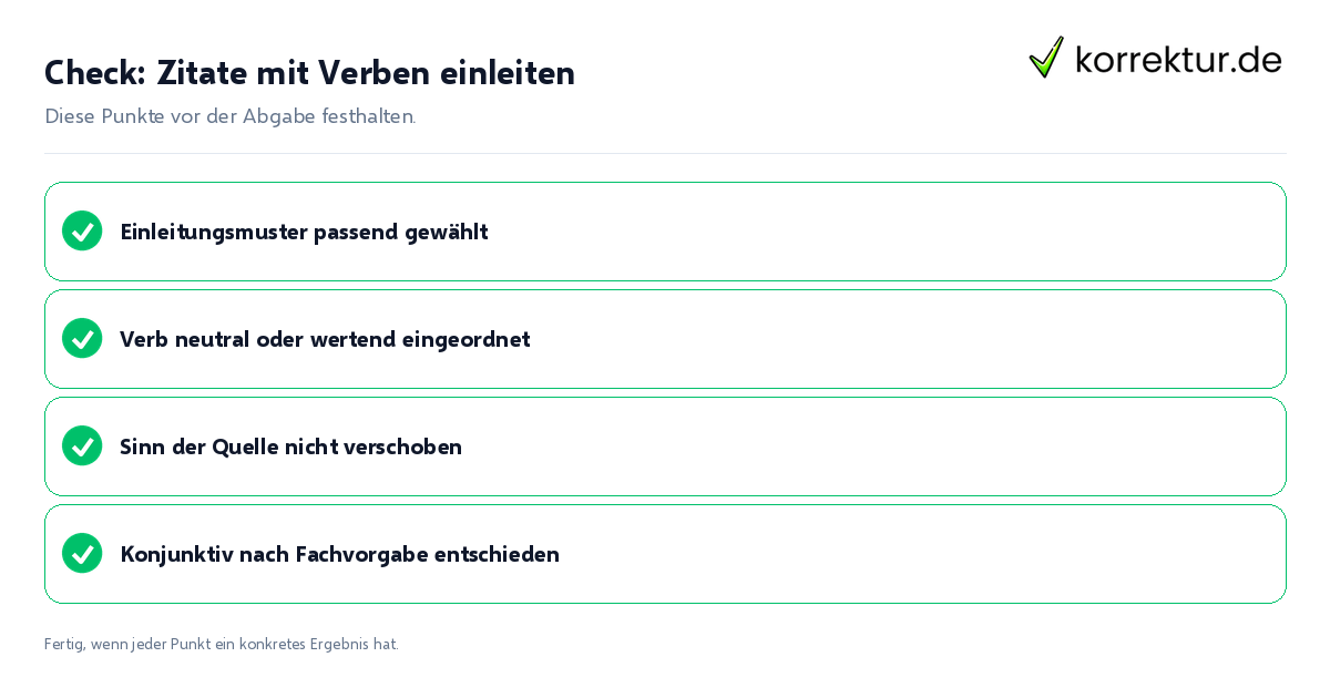 Check: Zitate mit Verben einleiten Zitate mit Verben einleiten: Prüfliste mit vier Punkten