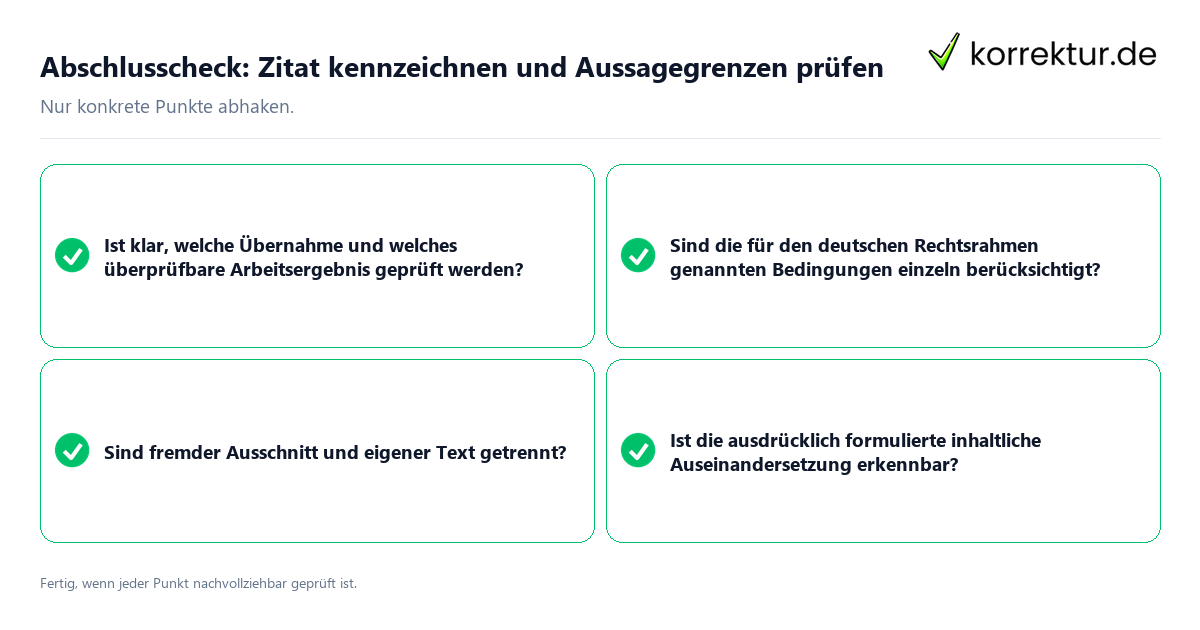 Konkreter Abschlusscheck zu Zitat kennzeichnen und Aussagegrenzen prüfen