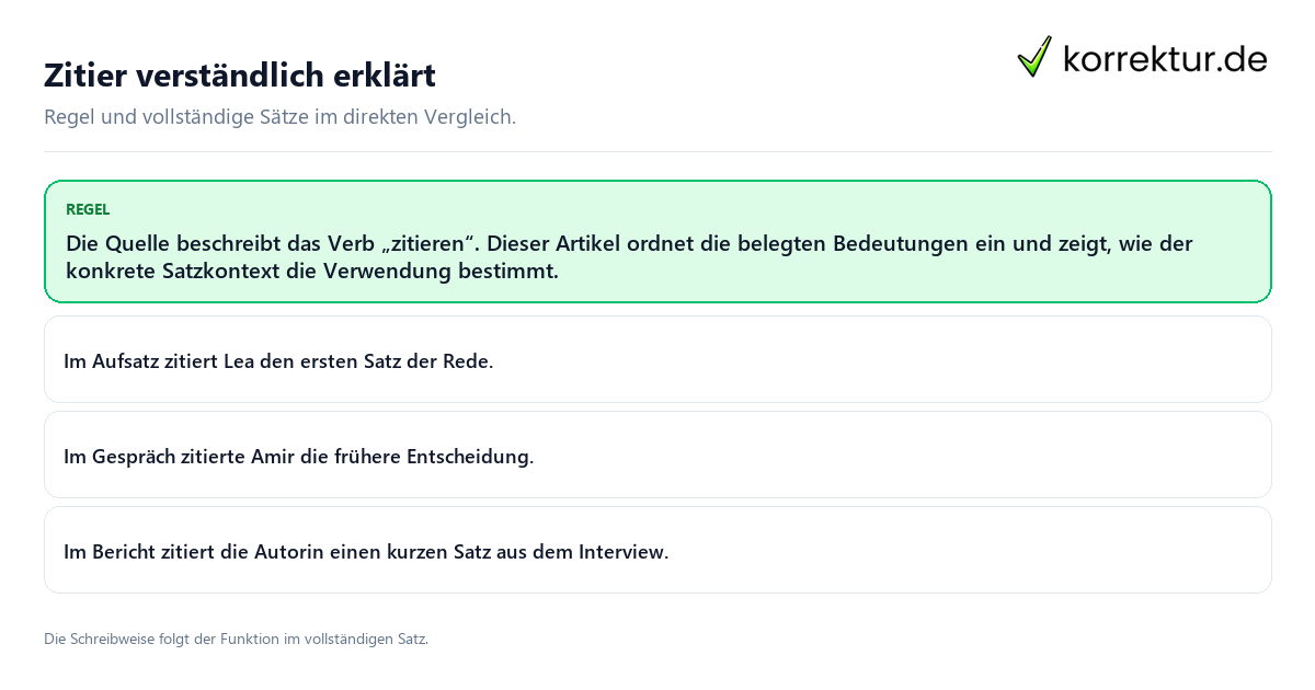 Konkrete Regel und vollständige Beispielsätze zu Zitier verständlich erklärt