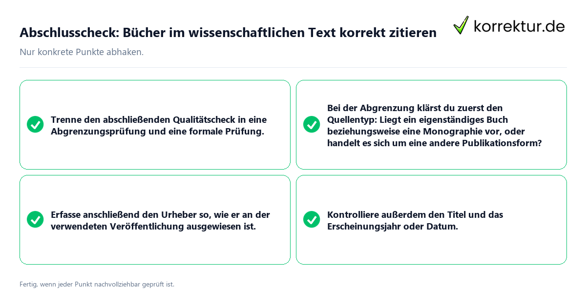 Konkreter Abschlusscheck zu Bücher im wissenschaftlichen Text korrekt zitieren