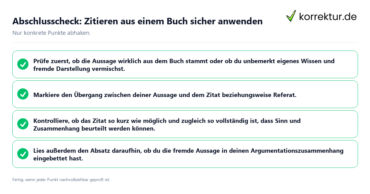 Abschlusscheck: Zitieren aus einem Buch sicher anwenden Konkreter Abschlusscheck zu Zitieren aus einem Buch sicher anwenden
