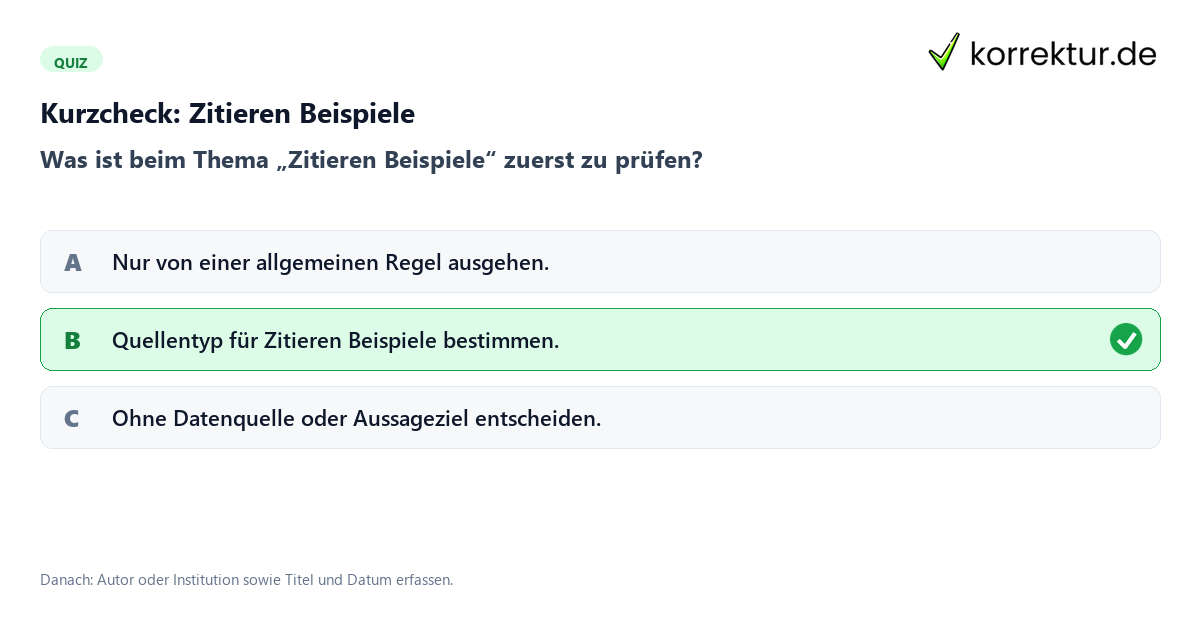 Zitieren Beispiele mit einem Kurzquiz zum sinnvollen nächsten Schritt