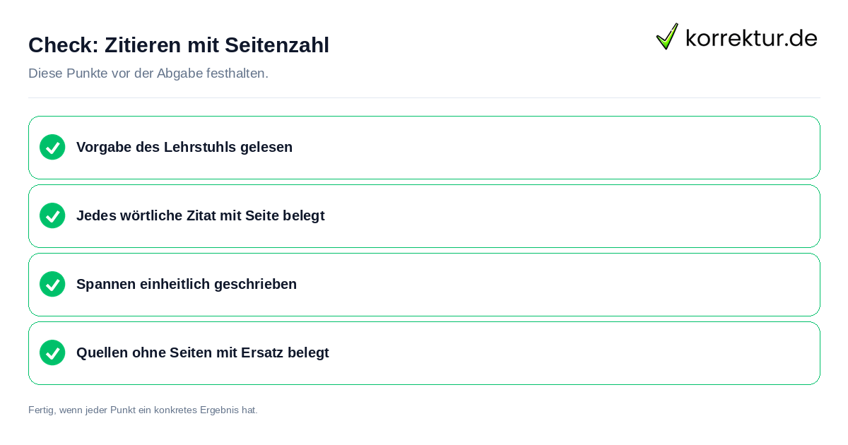 Check: Zitieren mit Seitenzahl Zitieren mit Seitenzahl: Prüfliste mit vier Punkten