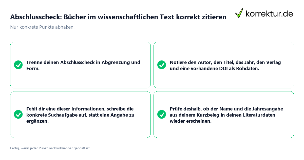 Konkreter Abschlusscheck zu Bücher im wissenschaftlichen Text korrekt zitieren