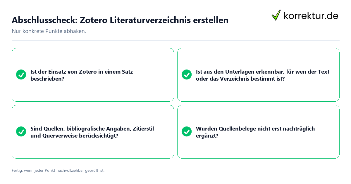 Konkreter Abschlusscheck zu Zotero Literaturverzeichnis erstellen
