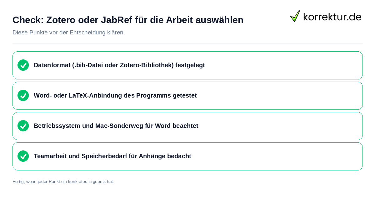 Check: Zotero oder JabRef für die Arbeit auswählen Zotero oder JabRef für die Arbeit auswählen: Prüfliste mit vier Punkten