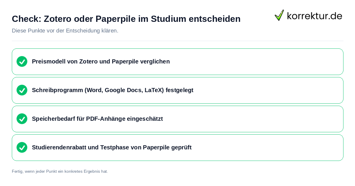 Check: Zotero oder Paperpile im Studium entscheiden Zotero oder Paperpile im Studium entscheiden: Prüfliste mit vier Punkten