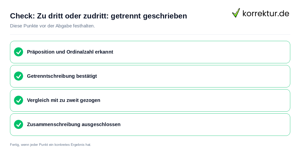 Zu dritt oder zudritt: getrennt geschrieben: Prüfliste mit vier Punkten