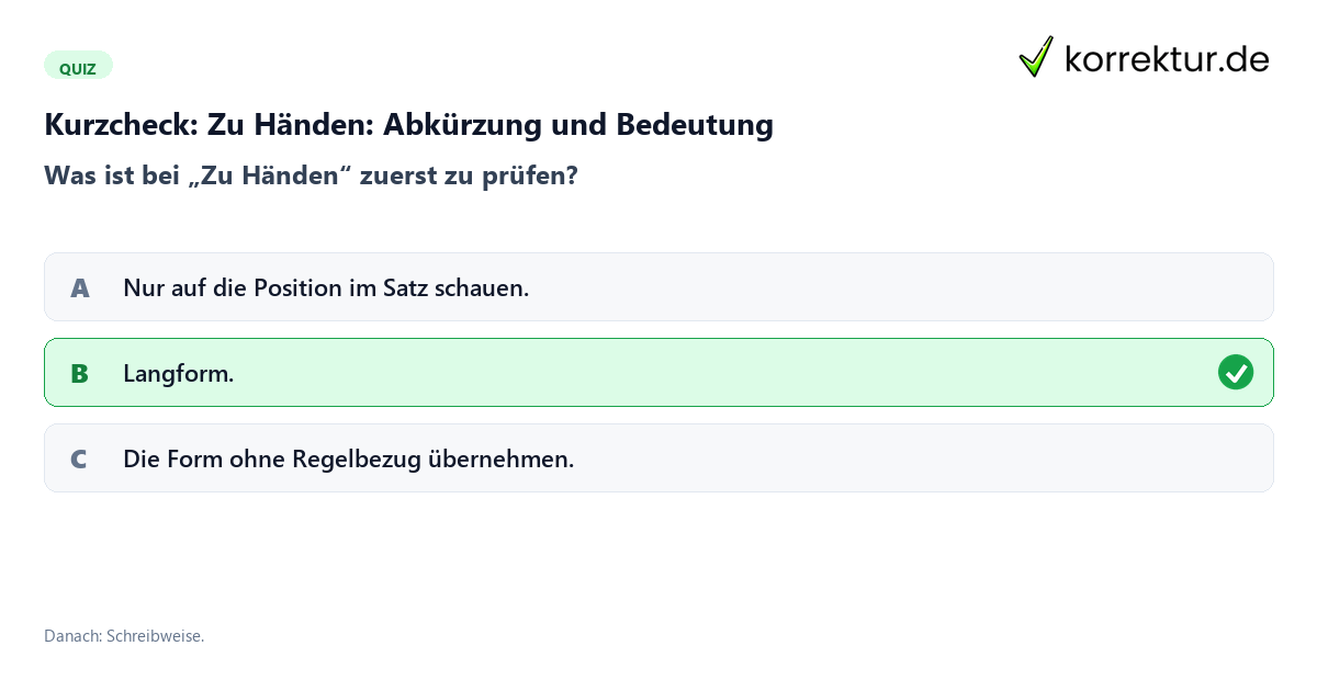 Zu Händen: Abkürzung und Bedeutung mit einem Kurzquiz zum sinnvollen nächsten Schritt