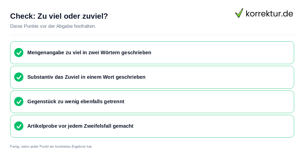 Check: Zu viel oder zuviel? Zu viel oder zuviel?: Prüfliste mit vier Punkten