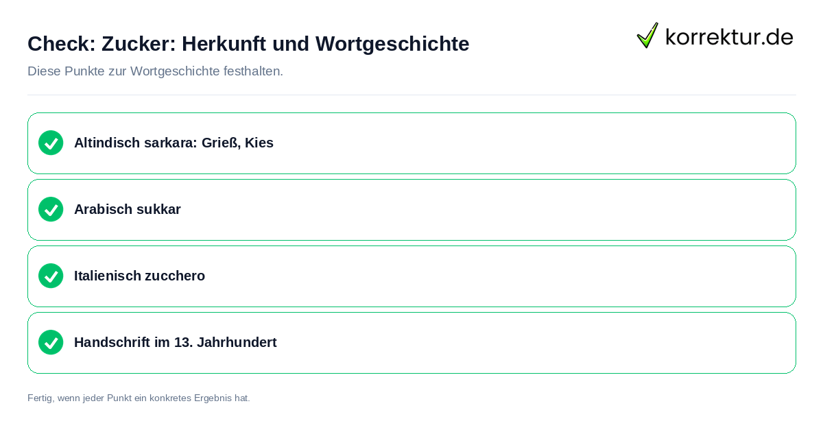 Check: Zucker: Herkunft und Wortgeschichte Zucker: Herkunft und Wortgeschichte: Prüfliste mit vier Punkten