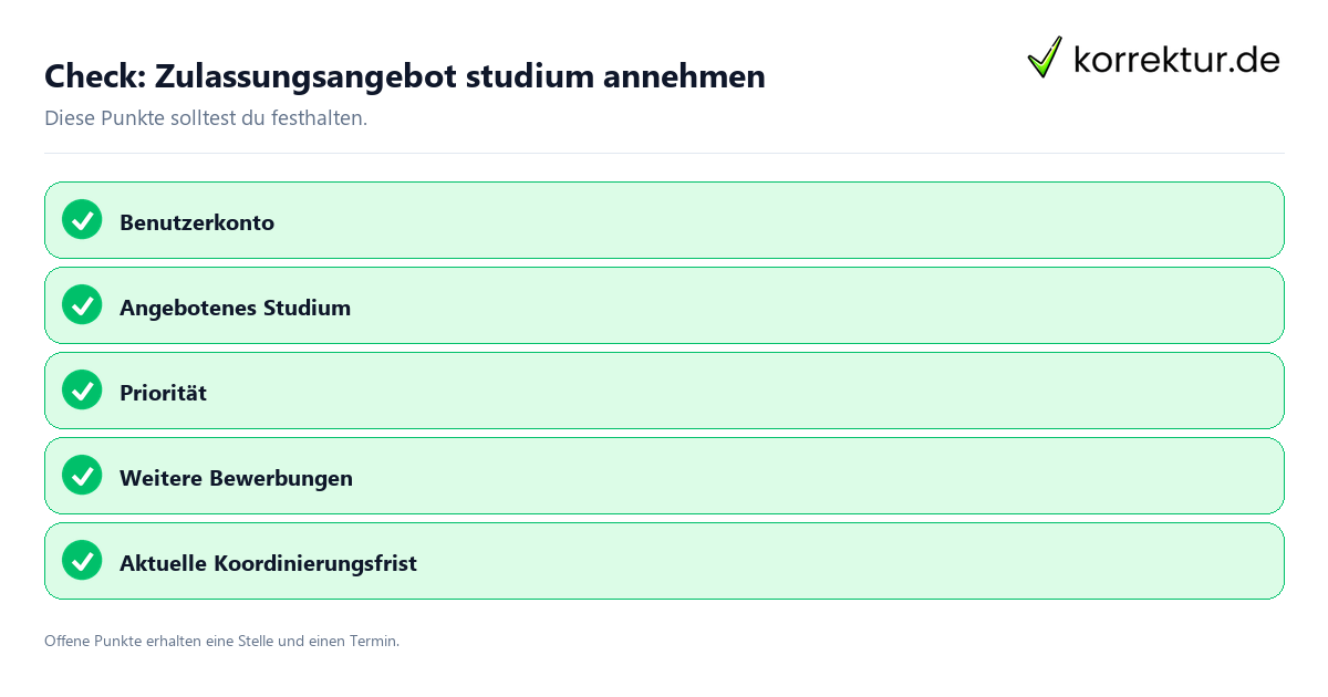 Zulassungsangebot studium annehmen mit Checkliste für Unterlagen und nächste Schritte