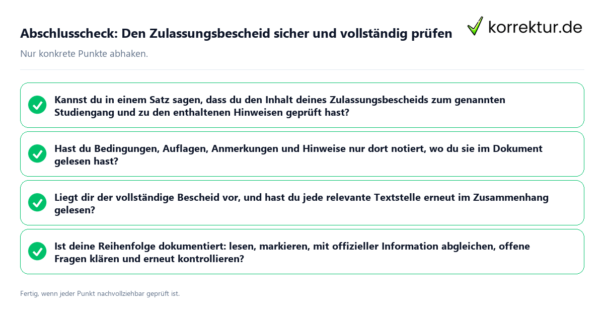 Abschlusscheck: Den Zulassungsbescheid sicher und vollständig prüfen Konkreter Abschlusscheck zu Den Zulassungsbescheid sicher und vollständig prüfen