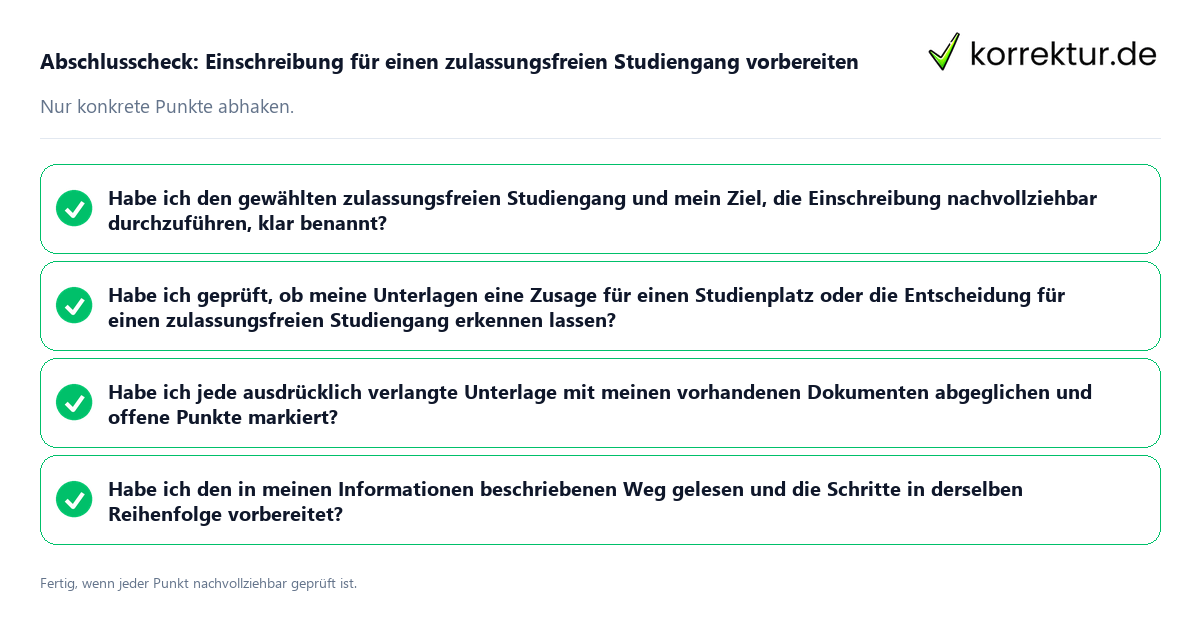 Konkreter Abschlusscheck zu Einschreibung für einen zulassungsfreien Studiengang vorbereiten
