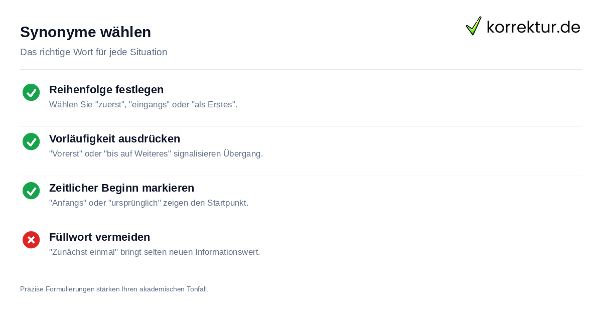 Passende Synonyme für zunächst je nach Kontext und Bedeutung