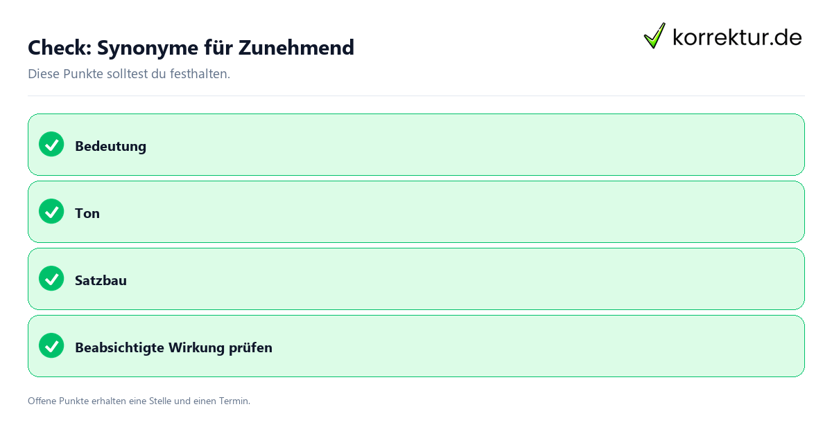 Synonyme für Zunehmend mit Checkliste für Unterlagen und nächste Schritte