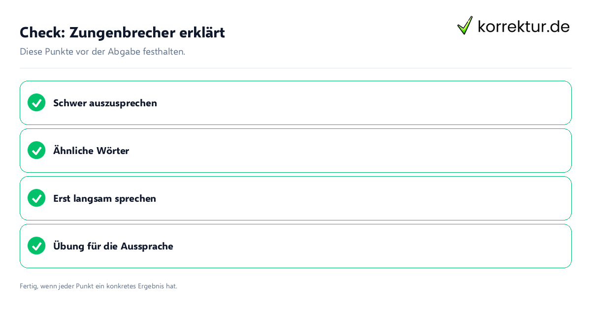Check: Zungenbrecher erklärt Zungenbrecher erklärt: Prüfliste mit vier Punkten