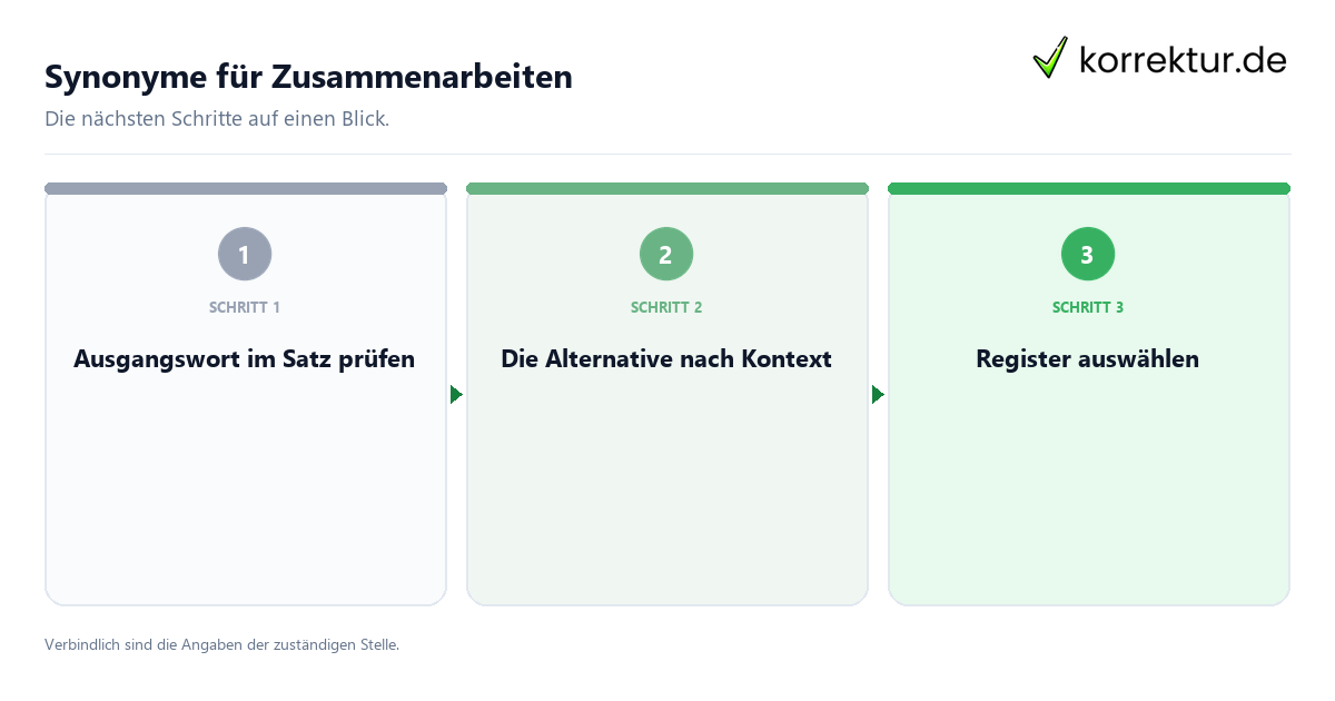 Synonyme für Zusammenarbeiten mit einem Ablauf aus Prüfung, Kontakt und Dokumentation