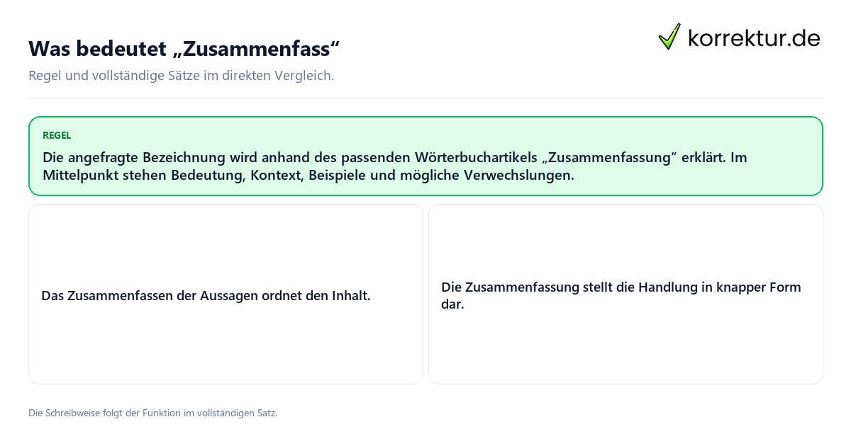 Was bedeutet „Zusammenfass“ Konkrete Regel und vollständige Beispielsätze zu Was bedeutet „Zusammenfass“